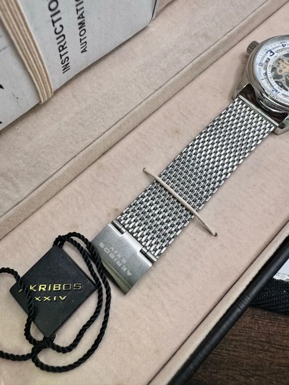 Akribos XXIV Men's Automatic Skeleton Watch Blue Hands Mesh Band New in Box